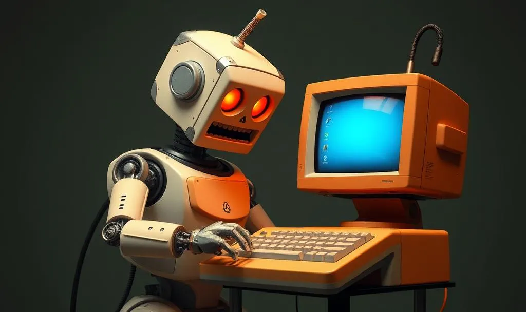 An old robot using a computer